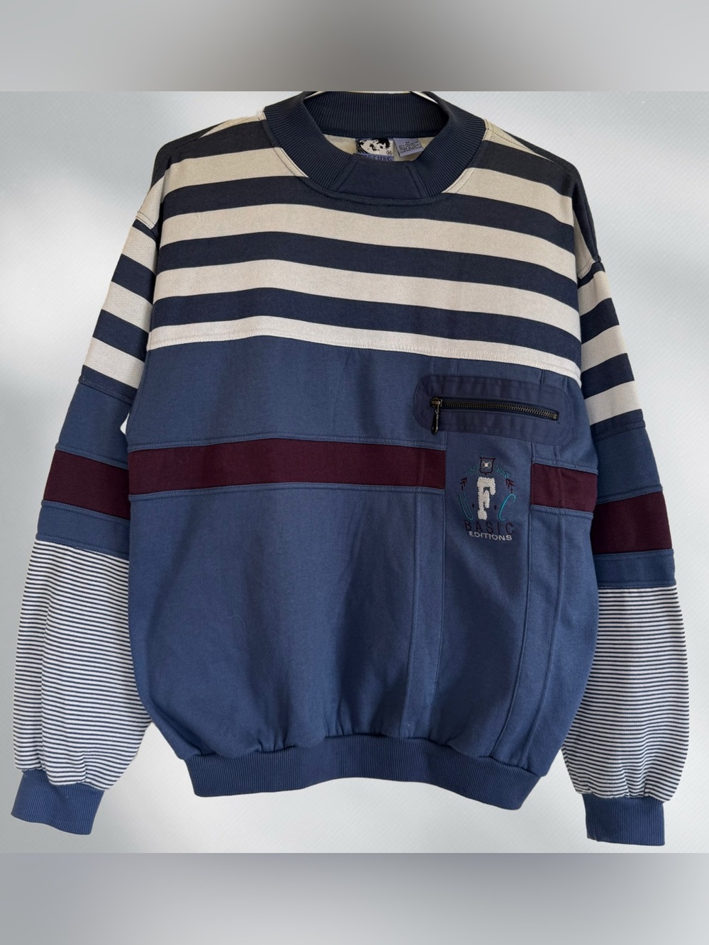Vintage 90s Today’s News Colorblock Striped Zip Pocket Crewneck Sweatshirt M